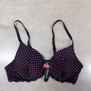 Adore Me Bra Womens 34B Pink Black Hearts Padded Underwire Lace Trim Balconette